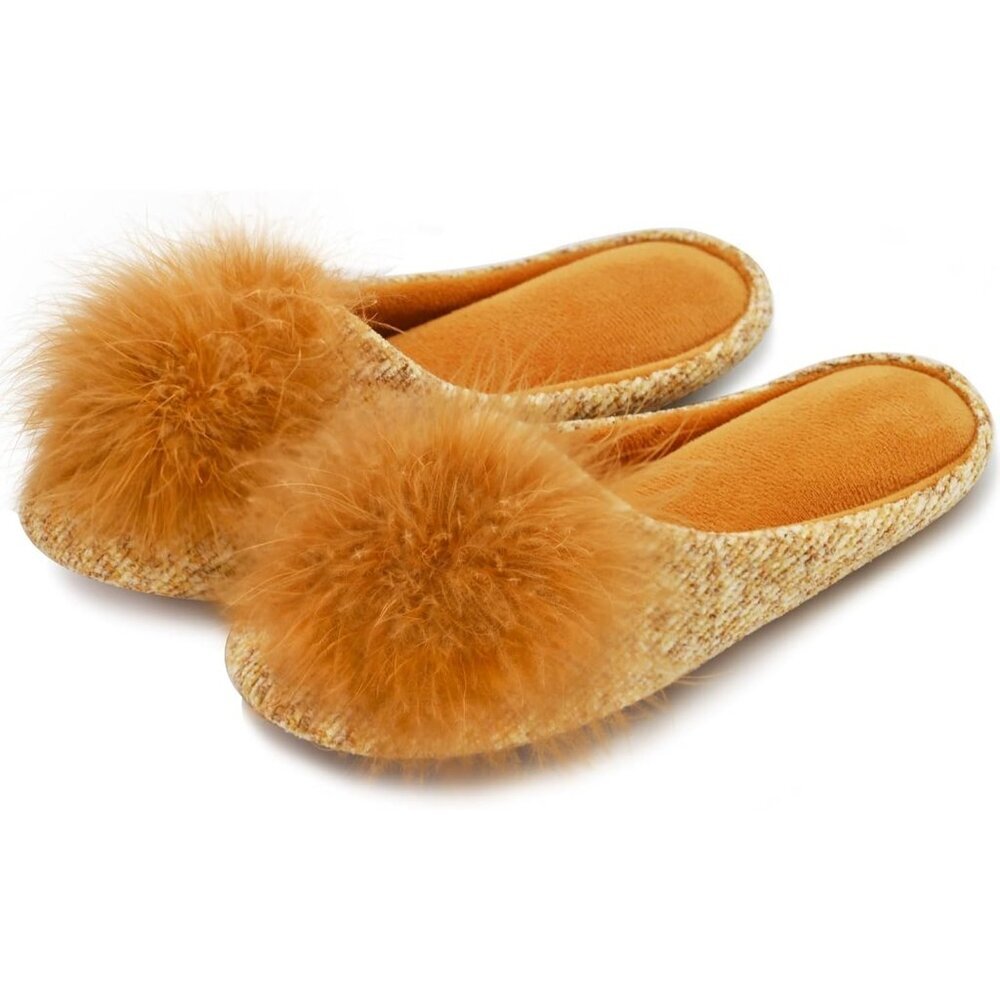 Women's Velvet Yellow Pom Pom Memory Foam Knit Non Slip Sole Slippers Shoes